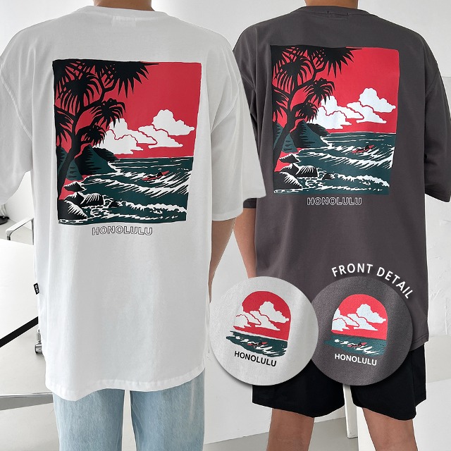 [늘어남ZERO]크레이지 해변 프린팅 오버 반팔 티셔츠(3color)